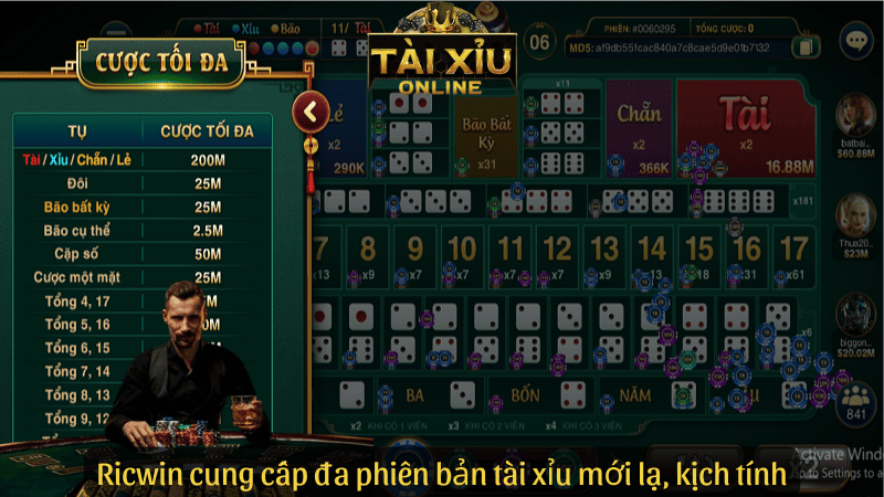 Ricwin cung cấp đa phiên bản tài xỉu mới lạ, kịch tính